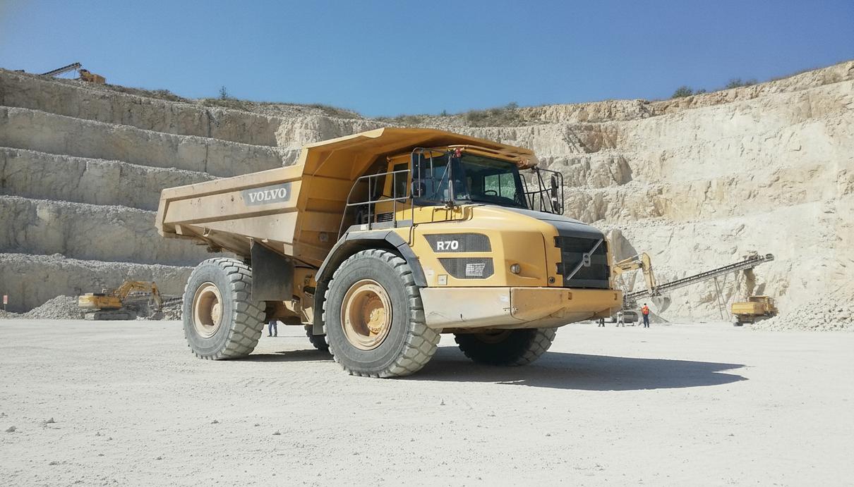 Volvo CE поставила в Германию первый в Европе карьерный самосвал R70 Желто-серый карьерный самосвал Volvo R70 на гравийной дороге внутри большого известнякового карьера со ступенчатыми склонами.