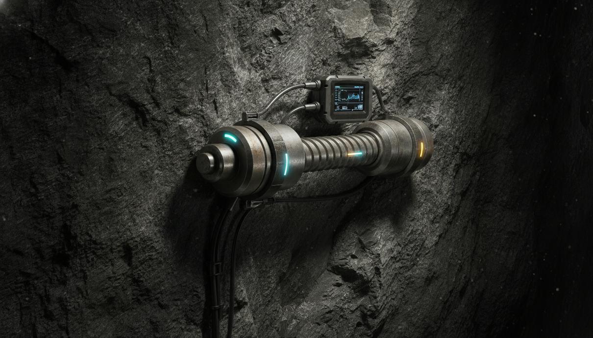 Крупный план анкерной крепи Sandvik xCell Hydra, установленной в скальной породе в тоннеле подземного рудника. На анкере виден небольшой блок сбора данных.