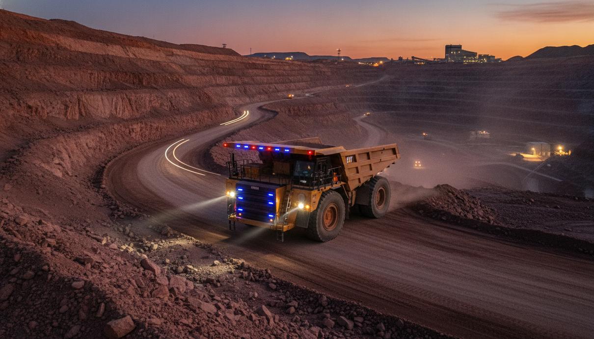 Огромный беспилотный карьерный самосвал Caterpillar в медном карьере на закате, вид сбоку.