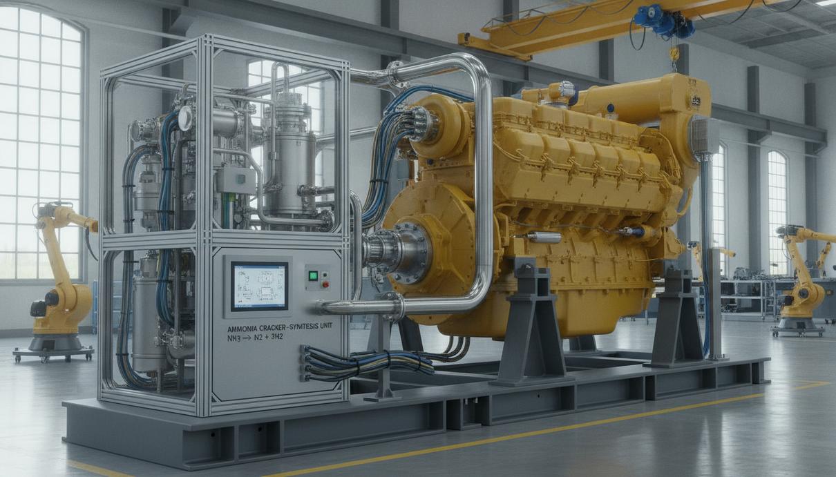 Промышленный дизельный двигатель Komatsu на испытательном стенде в заводском цехе, соединенный с установкой крекинга аммиака.