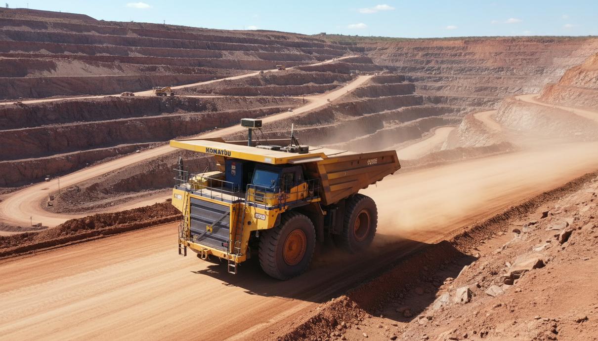 Беспилотный карьерный самосвал Komatsu 930E на технологической дороге в огромном медном карьере Салобо, Бразилия.