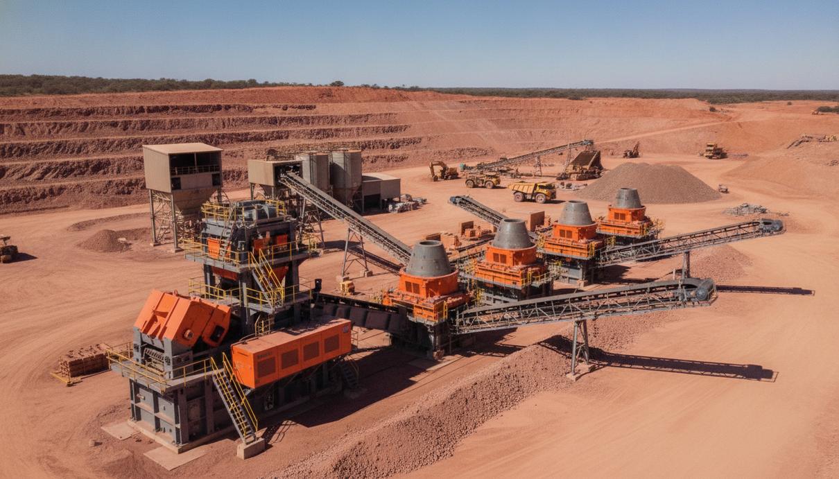 Новые щековая и конусная дробилки Metso на строительной площадке обогатительной фабрики медного рудника в регионе Пилбара, Австралия.