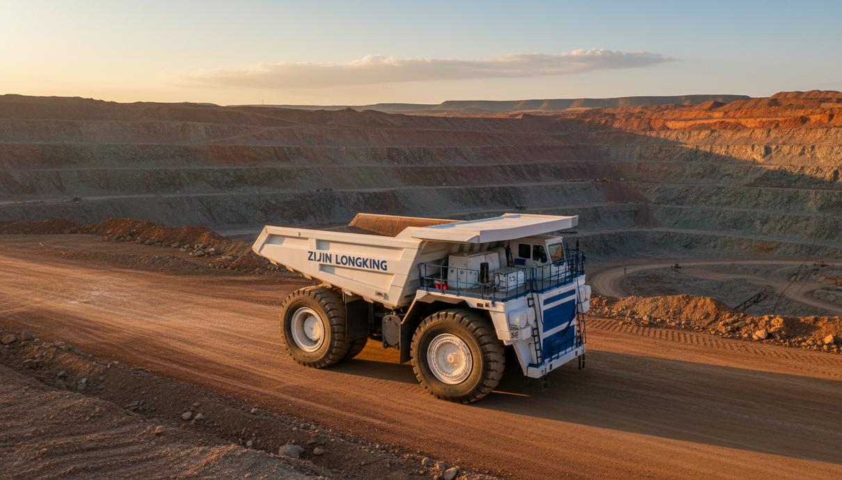 Новый крупнотоннажный электрический карьерный самосвал ZL230E стоит на фоне большого открытого рудника.