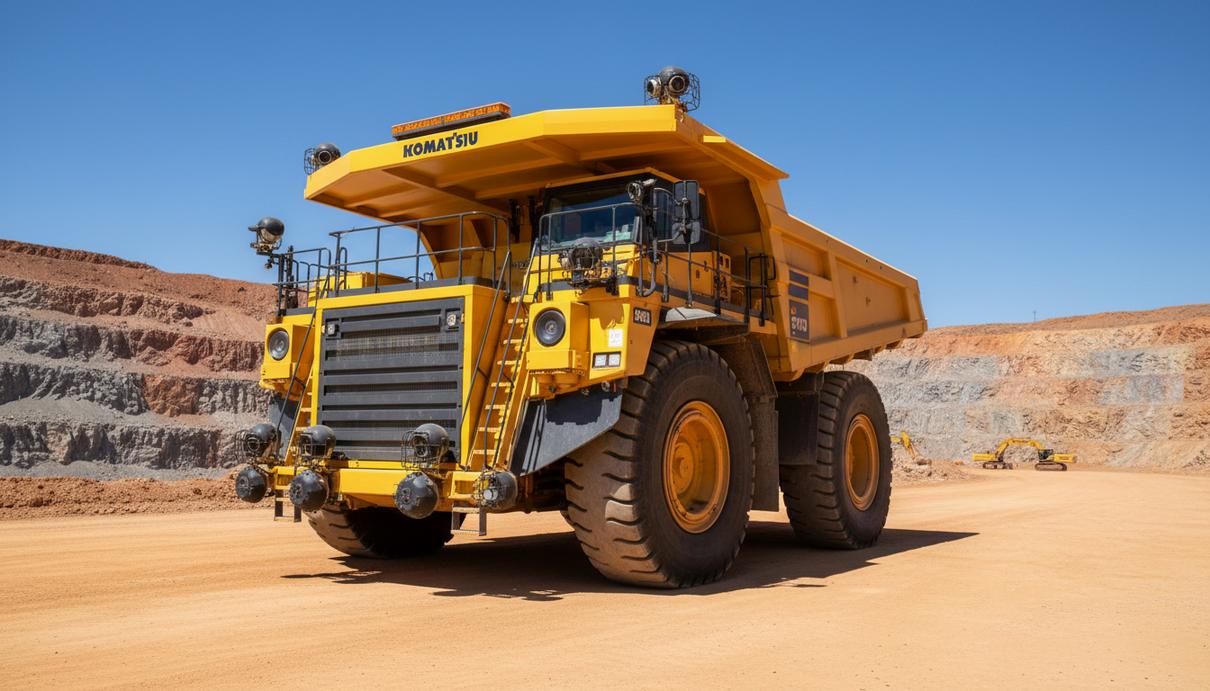 Komatsu сертифицировала в ЮАР систему автоторможения для карьерной техники Крупный карьерный самосвал Komatsu на грунтовой дороге в разрезе. На корпусе машины видны датчики и камеры системы безопасности.