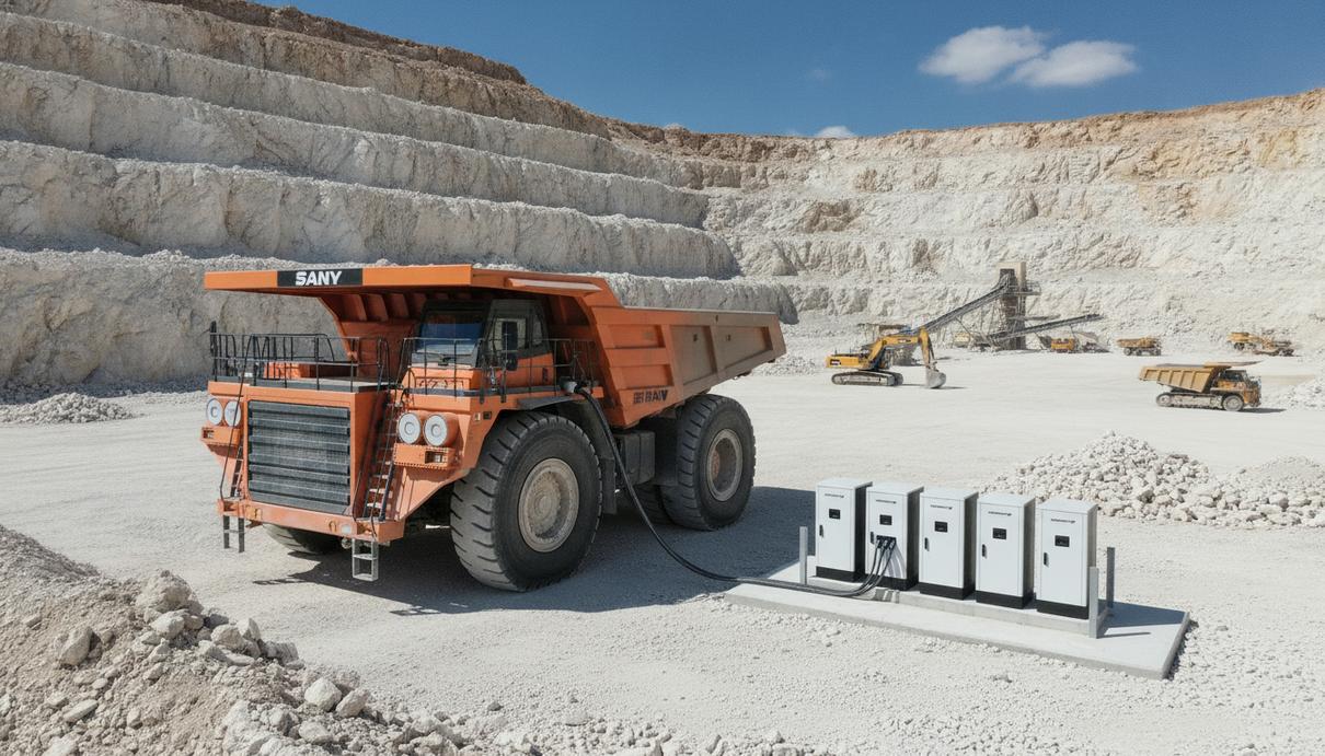 Holcim установила мегаваттную зарядку для электросамосвалов в Польше Электрический карьерный самосвал SANY на зарядке от станции мегаваттной мощности в известняковом карьере.