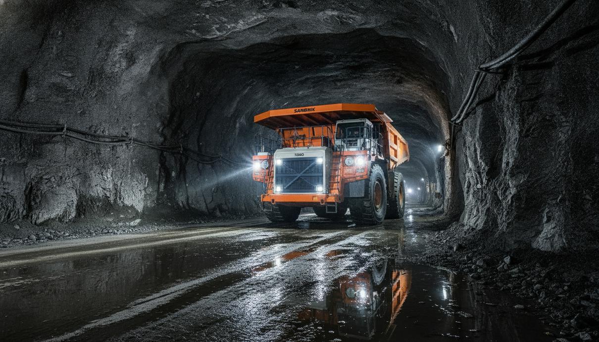 Byrnecut закупил у Sandvik крупную партию горной техники Новый шахтный самосвал Sandvik Toro TH663i в просторном туннеле подземного рудника.