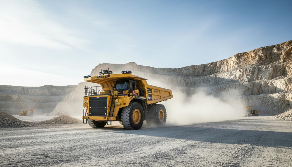 Беспилотный карьерный самосвал Komatsu едет по гравийной дороге в известняковом карьере на фоне скалистых уступов.