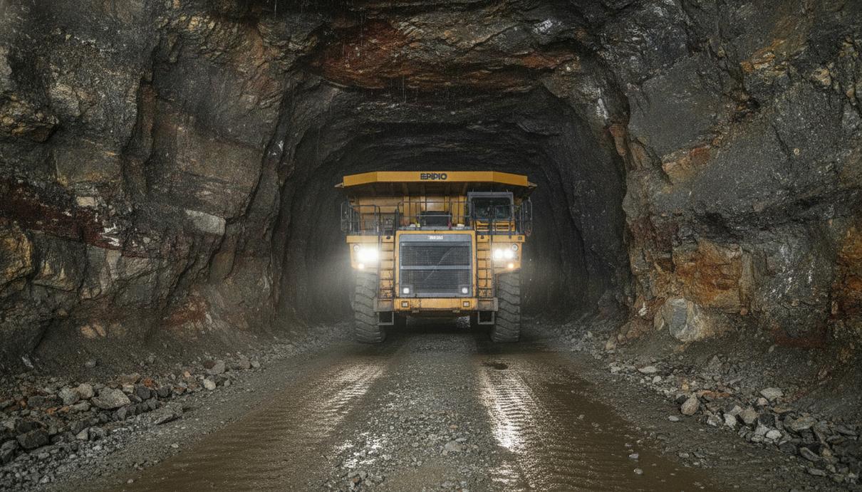 Подземный самосвал Epiroc Minetruck MT65 движется по тоннелю золотодобывающего рудника. Мощные фары освещают неровные каменные стены шахты.