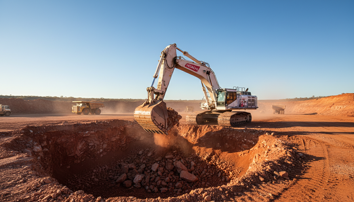Большой карьерный экскаватор Hitachi EX2000 работает на проекте по добыче полезных ископаемых в австралийской пустыне.