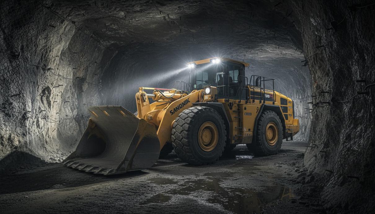 Sandvik признала проблемы с аккумуляторной техникой для шахт Желтый аккумуляторный погрузчик Sandvik в темном скальном туннеле подземной шахты со включенными фарами.