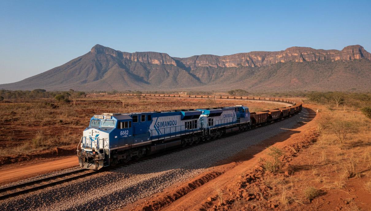 Wabtec обслужит локомотивы для проекта Симанду в Гвинее на $700 млн Новый грузовой локомотив на железнодорожных путях в гористой местности Гвинеи на фоне горного хребта Симанду.