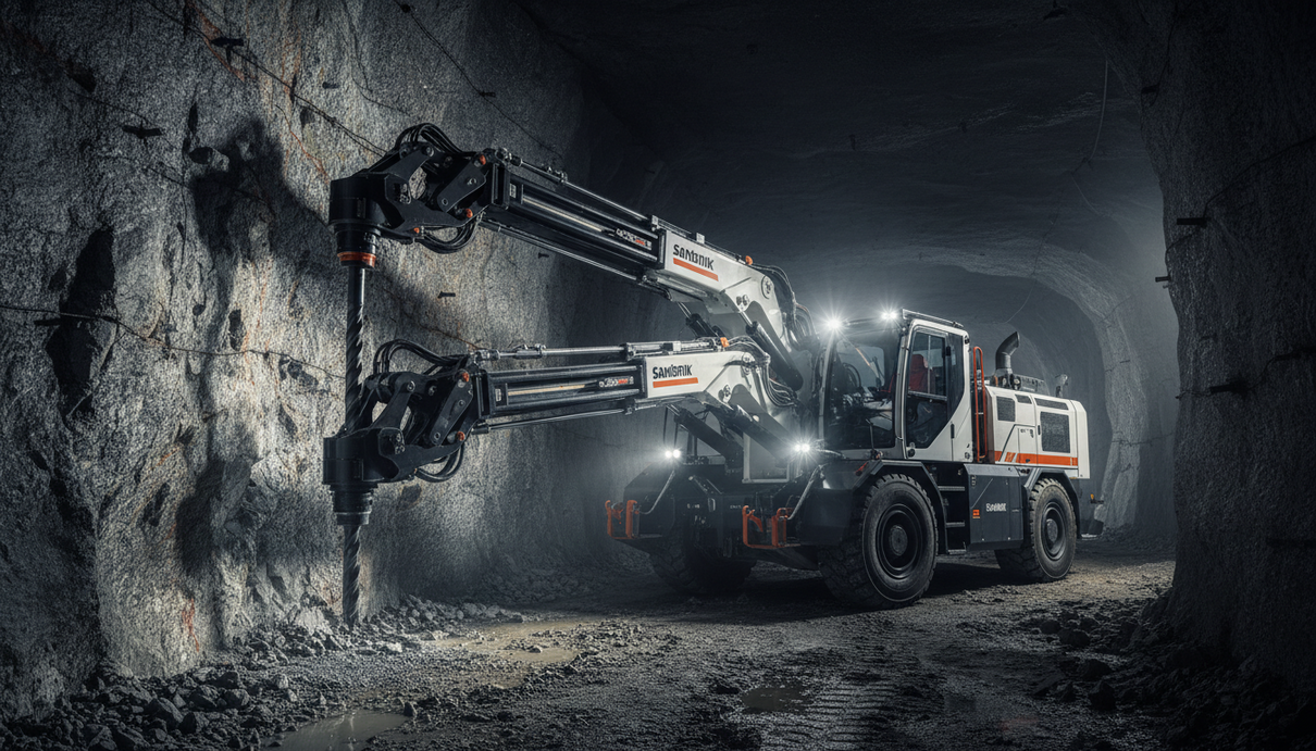 Аккумуляторная буровая установка Sandvik DD423iE в подземной выработке, освещающая забой своими прожекторами.