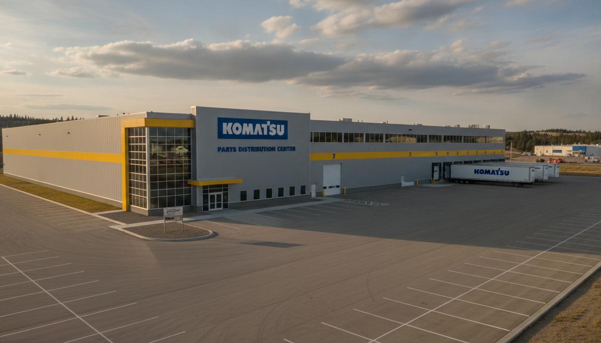 Komatsu запустила в Канаде центр запчастей, удвоив мощности Новый распределительный центр Komatsu в Сент-Альберте, Канада. Современное складское здание с логотипом компании.
