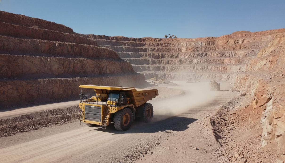 Беспилотный карьерный самосвал Caterpillar 775 желтого цвета движется по дороге в большом каменном карьере.