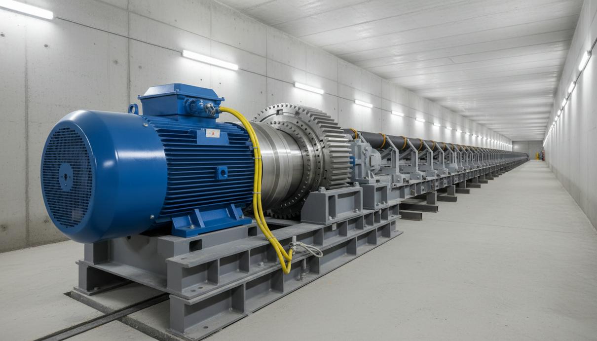 Voith представила комплексный электропривод для горной отрасли Крупный промышленный электропривод с редуктором, установленный на ленточном конвейере в чистом, освещённом тоннеле.