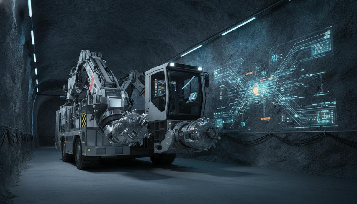 Современная буровая установка Sandvik i-series в подземном руднике. На стене тоннеля видна проекция цифровых данных с панели управления.