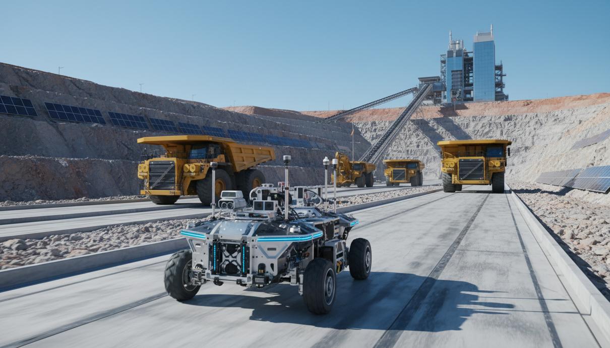 Автономный робот-инспектор на фоне карьерных самосвалов Caterpillar в современном горном карьере.