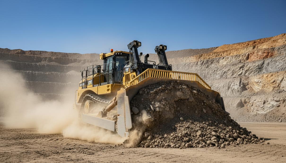 Caterpillar представила бульдозер D11 XE с расходом топлива ниже на 25% Новый карьерный бульдозер Caterpillar D11 XE желтого цвета перемещает грунт на фоне террасных стен большого открытого карьера.