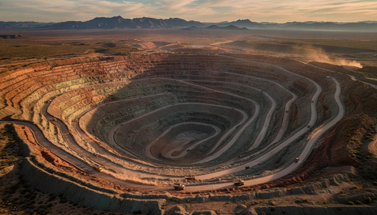 Sandvik выпустила ПО Deswik NOVA для планирования работ на карьерах Огромный открытый карьер с высоты птичьего полета, видны технологические дороги и террасы рудника.