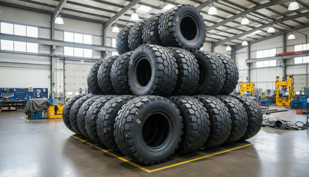 Kal Tire сертифицировала по ISO методику расчета экономии CO₂ от ремонта шин Стопка больших восстановленных карьерных шин для самосвалов в светлом и чистом промышленном цеху.