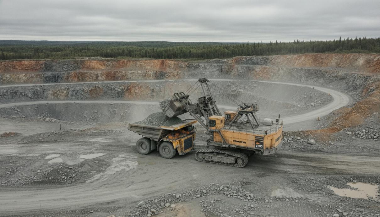 Komatsu поставит технику на C$1,5 млрд для никелевого проекта в Канаде Карьерный самосвал Komatsu и гидравлический экскаватор в большом никелевом карьере в Онтарио, Канада.