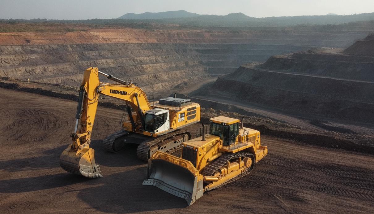 Новый карьерный экскаватор Liebherr R 9200 и бульдозер PR 776 на фоне угольного разреза в Индонезии.