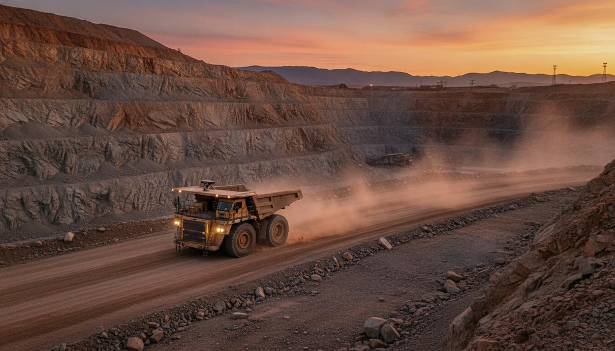 Крупный беспилотный карьерный самосвал Komatsu едет по дороге в большом открытом карьере на закате.