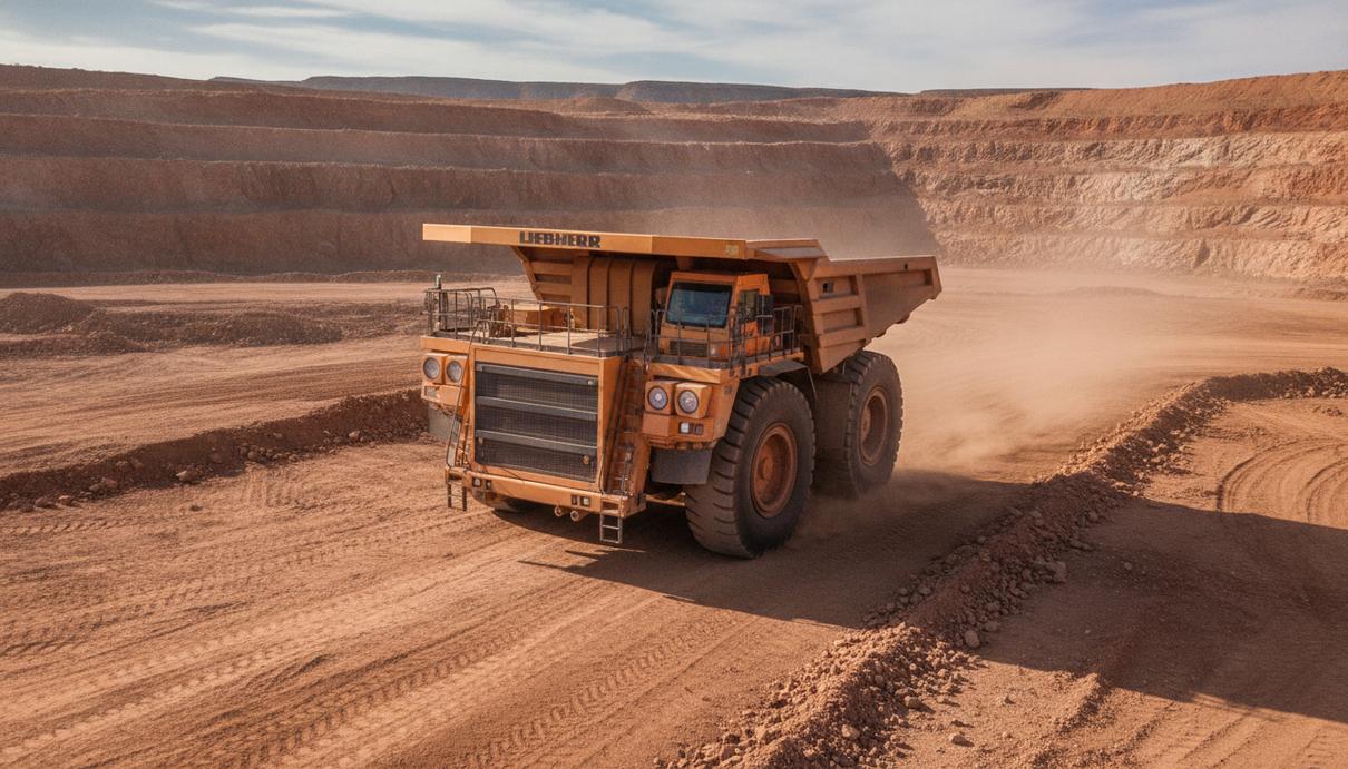 Огромный карьерный самосвал Liebherr T 264 на территории цинкового рудника «Гамсберг» в ЮАР на фоне скалистых стен карьера.