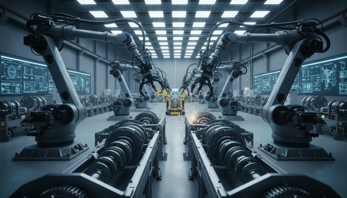 Sandvik вложила $27 млн в расширение производства перфораторов в Финляндии Высокоавтоматизированный цех завода по производству горного оборудования. Роботизированные манипуляторы собирают детали перфораторов.