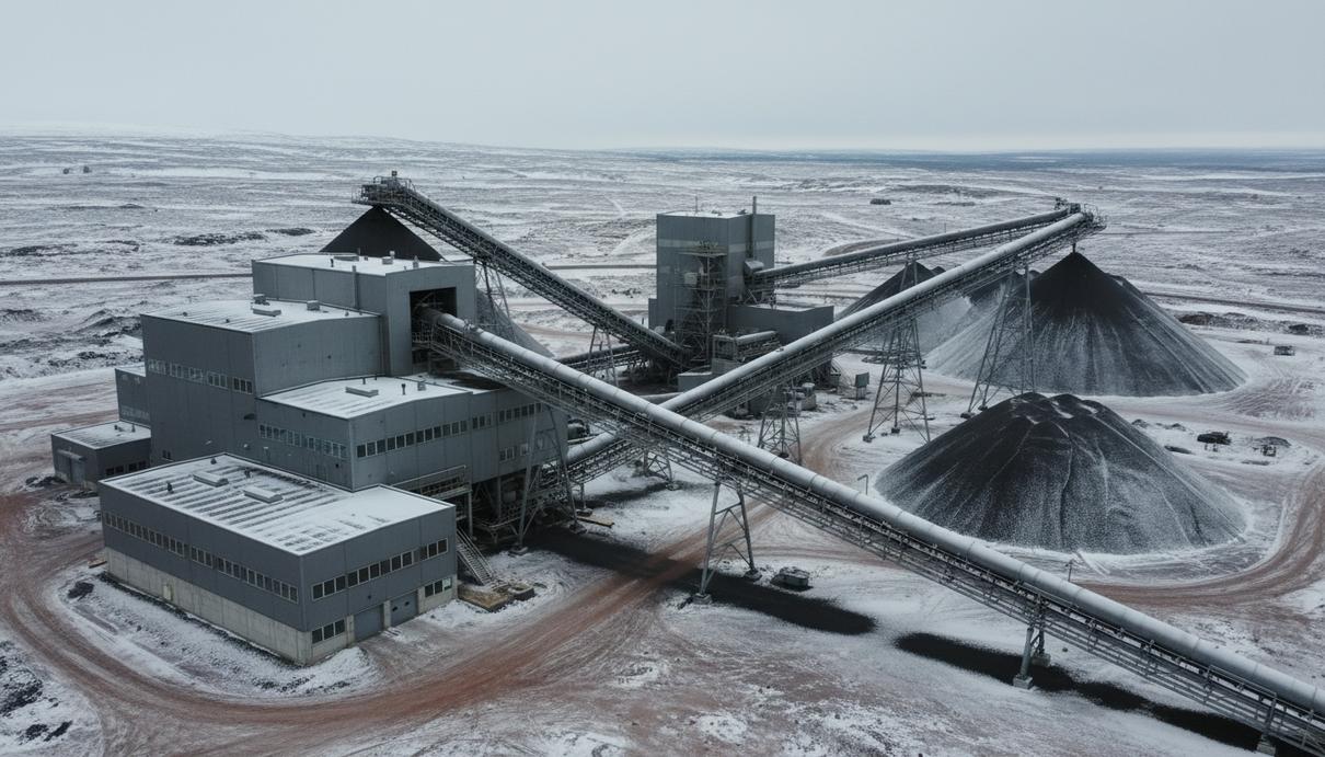 ABB поставит оборудование для новой обогатительной фабрики LKAB в Швеции Современная обогатительная фабрика по переработке железной руды с промышленными корпусами и конвейерными лентами на фоне северного пейзажа Швеции.