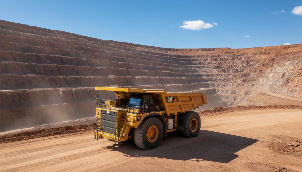 Крупный карьерный самосвал Cat 793 XE с электрическим приводом на фоне террасных стен большого меднорудного карьера.