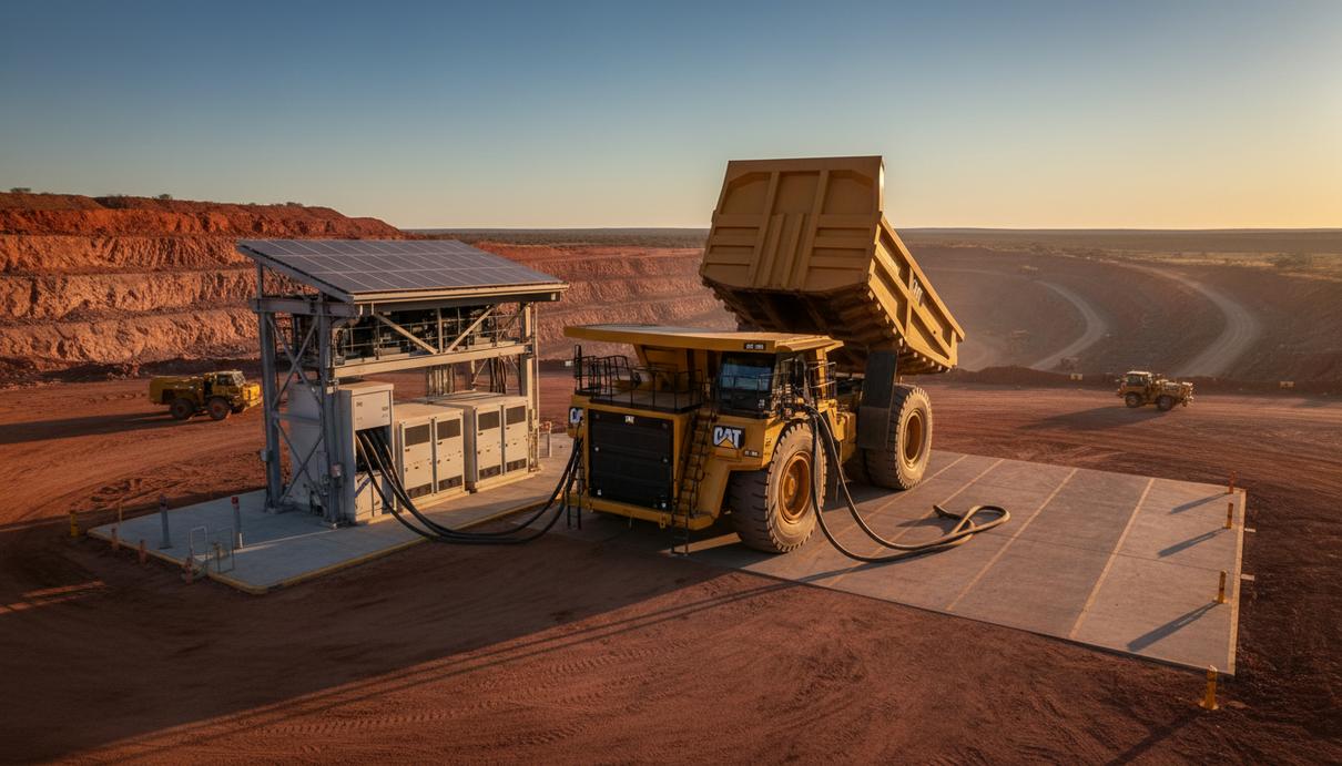 BHP: электросамосвалы теряют до 1000 часов в год на зарядке Крупный электрический карьерный самосвал на зарядной станции в железорудном карьере в регионе Пилбара, Австралия.