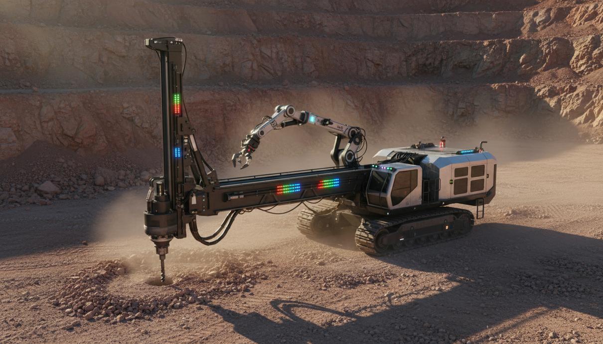 Sandvik показала буровую установку без кабины с роботом и ИИ Автономная буровая установка Sandvik без кабины оператора с роботизированным манипулятором в карьере на фоне скалистого ландшафта.
