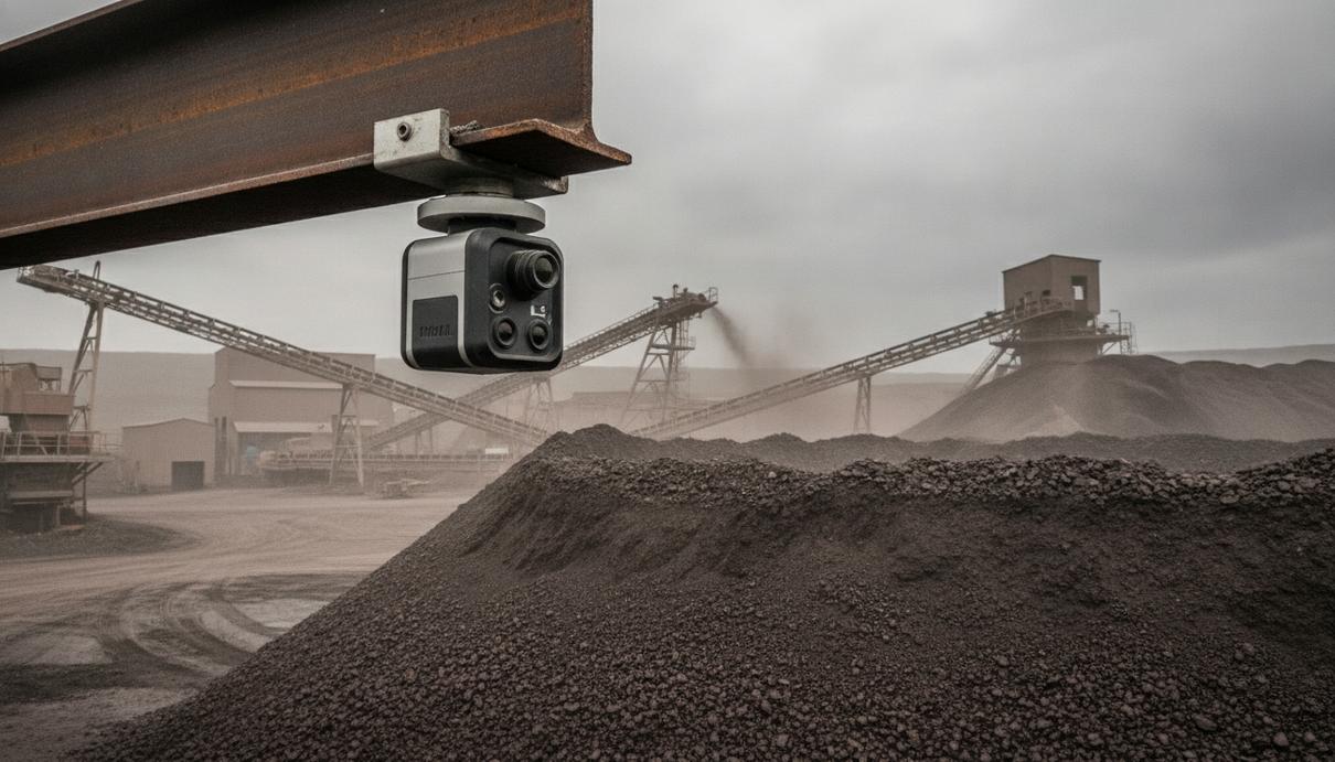 RIEGL представила LiDAR-сенсор для мониторинга складов и производства Компактный 3D LiDAR-сенсор на металлической опоре, установленный над складом сыпучих материалов на промышленном объекте.
