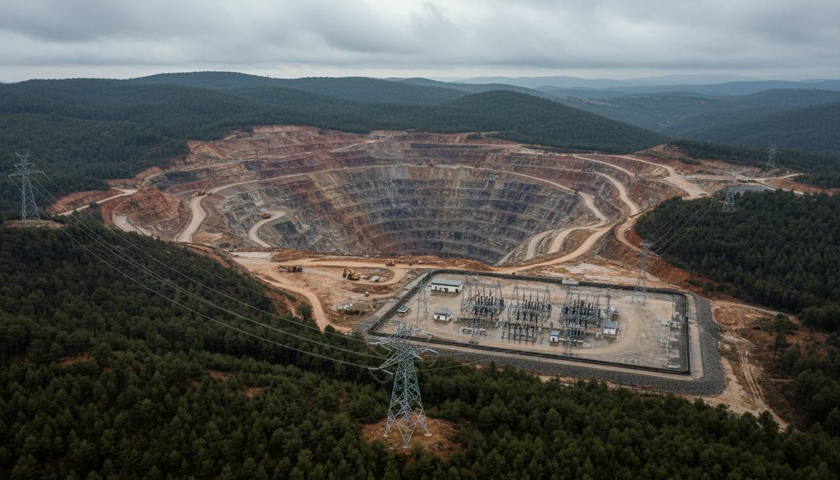 Eldorado Gold подключила рудник Скуриес в Греции к национальной электросети Крупный карьер по добыче меди и золота в гористой местности северной Греции с линиями электропередачи и подстанцией на территории.