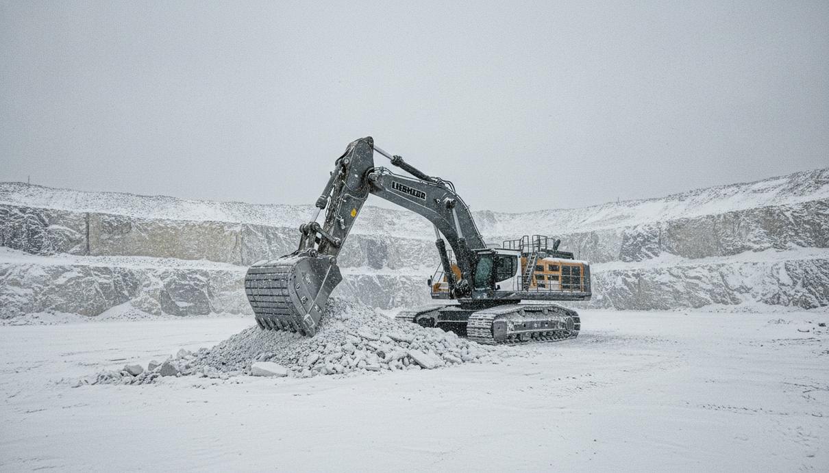Hammerstone пополнила парк экскаваторов Liebherr на карьере в Канаде Большой карьерный экскаватор Liebherr R 9150 работает в заснеженном известняковом карьере в Канаде.