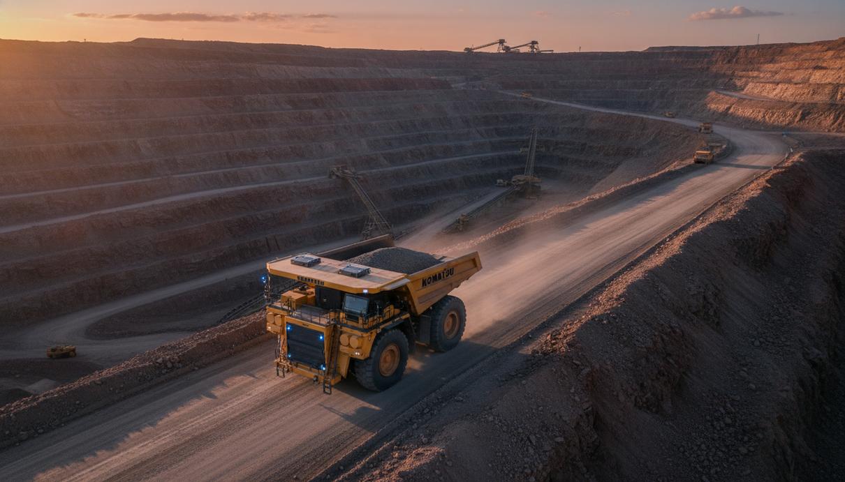 Огромный беспилотный карьерный самосвал Komatsu движется по террасам современного рудника на рассвете.