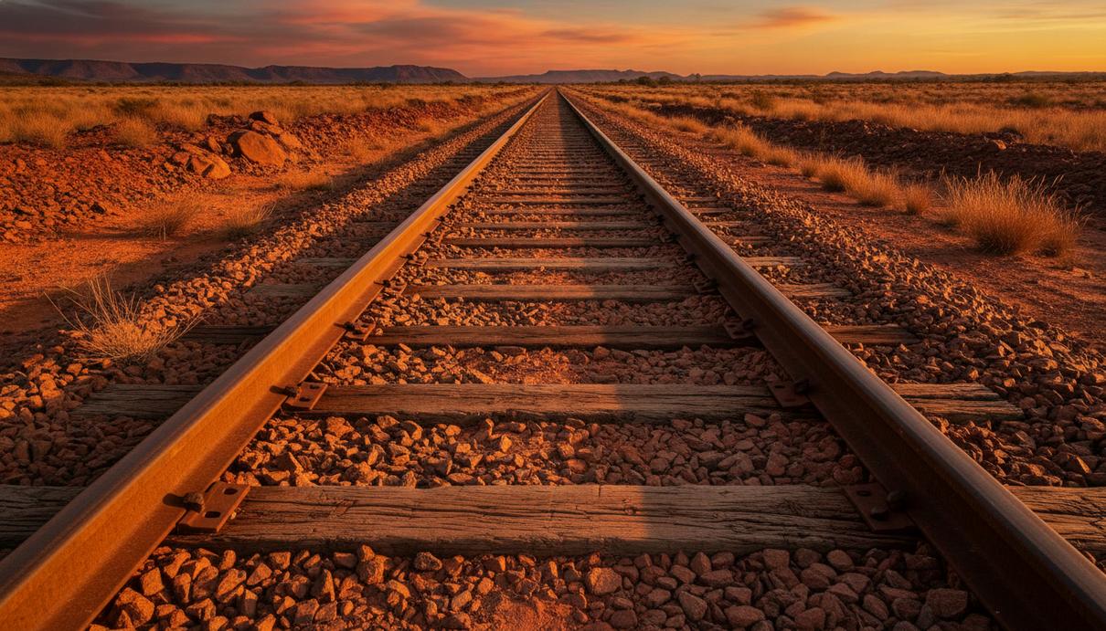 Hancock Iron Ore продлила срок службы рельсов на 10% с помощью ИИ Железнодорожные пути для перевозки железной руды в пустынном, красноземельном ландшафте региона Пилбара, Западная Австралия.
