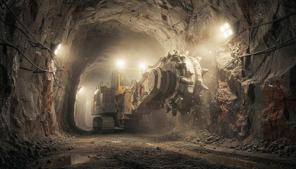 Проходческий комбайн Komatsu MC51 с режущей головкой в подземном туннеле, выработанном в твердой скальной породе.