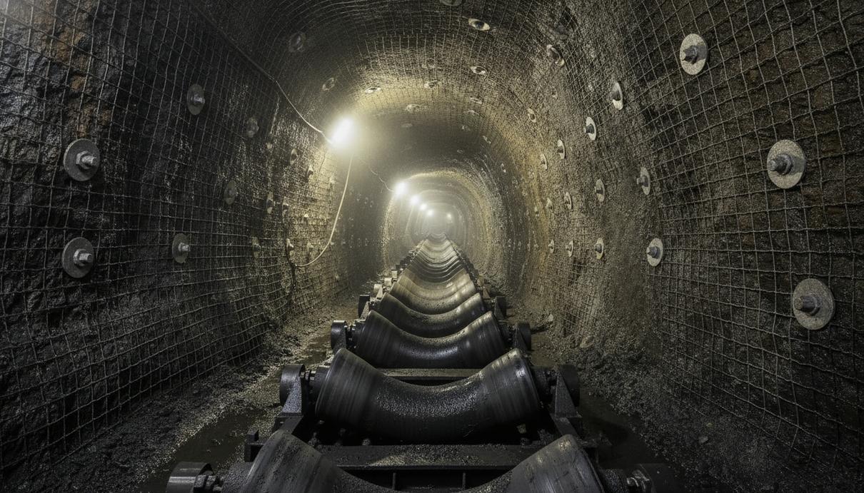Cementation Africa ускорила проходку на угольной шахте Thungela в ЮАР Недавно пройденный наклонный ствол угольной шахты. Мокрые стены укреплены металлической сеткой, по дну идет ленточный конвейер.