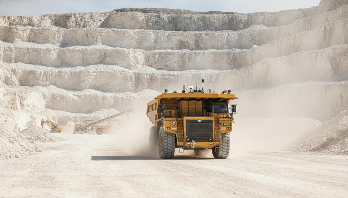 Большой жёлтый карьерный самосвал Caterpillar 777 едет по грунтовой дороге внутри известнякового карьера.