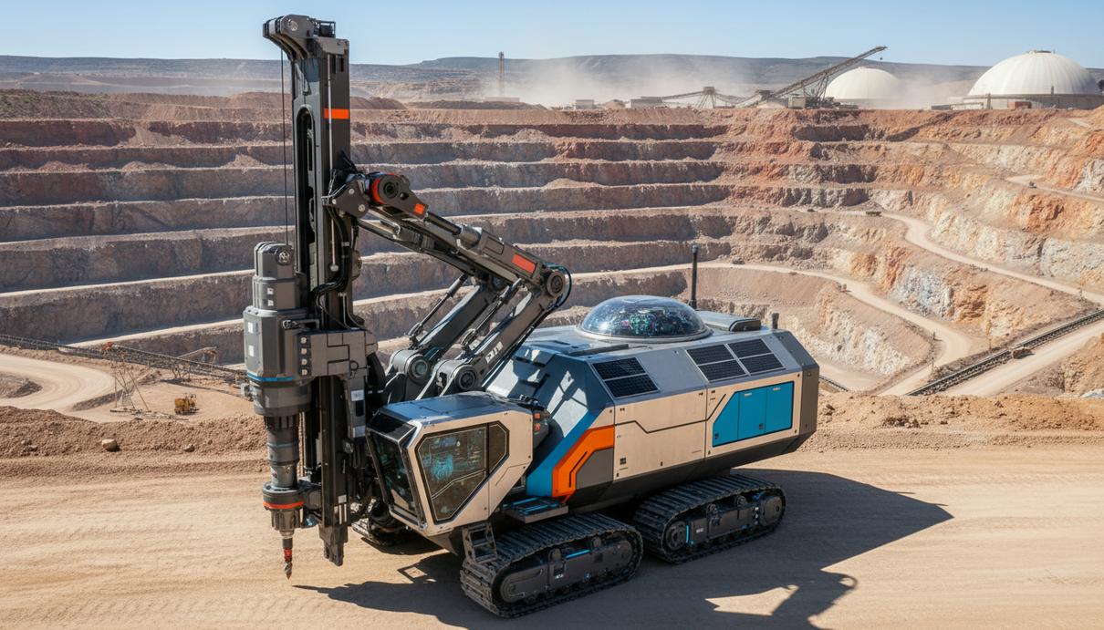 Sandvik покажет в Финляндии концепт автономного бурового станка Автономная аккумуляторная буровая установка на фоне карьера для добычи полезных ископаемых.