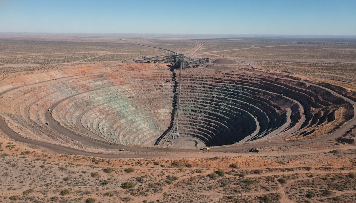 Hudbay и Mitsubishi одобрили разработку медного рудника Copper World в США Панорамный вид на огромный карьер медного рудника со ступенчатыми склонами и конвейерной системой в засушливой местности.