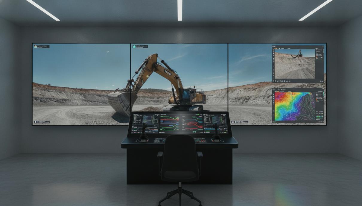 Китайский BuilderX стал лидером в дистанционном управлении экскаваторами Пульт дистанционного управления экскаватором в операторском центре. На экранах – трансляция с камер техники в карьере.