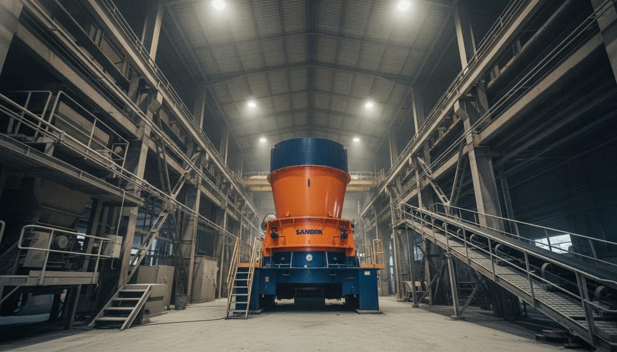 Новая конусная дробилка Sandvik, установленная в цехе горно-обогатительного комбината среди старых металлоконструкций и конвейерных лент.