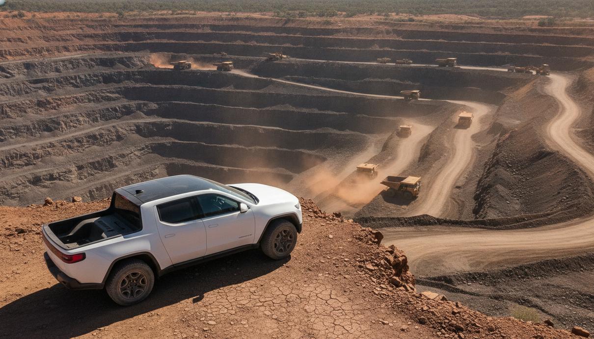BHP и Toyota испытывают электропикапы на угольном разрезе в Австралии Белый электрический пикап на фоне огромного угольного разреза в Австралии. На заднем плане работает карьерная техника.