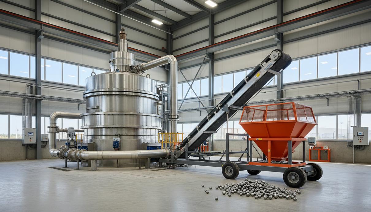 Metso представила системы для автоматизации обслуживания мельниц Промышленная мельница для измельчения руды на обогатительной фабрике. Рядом стоит мобильная система для загрузки и выгрузки мелющих тел.