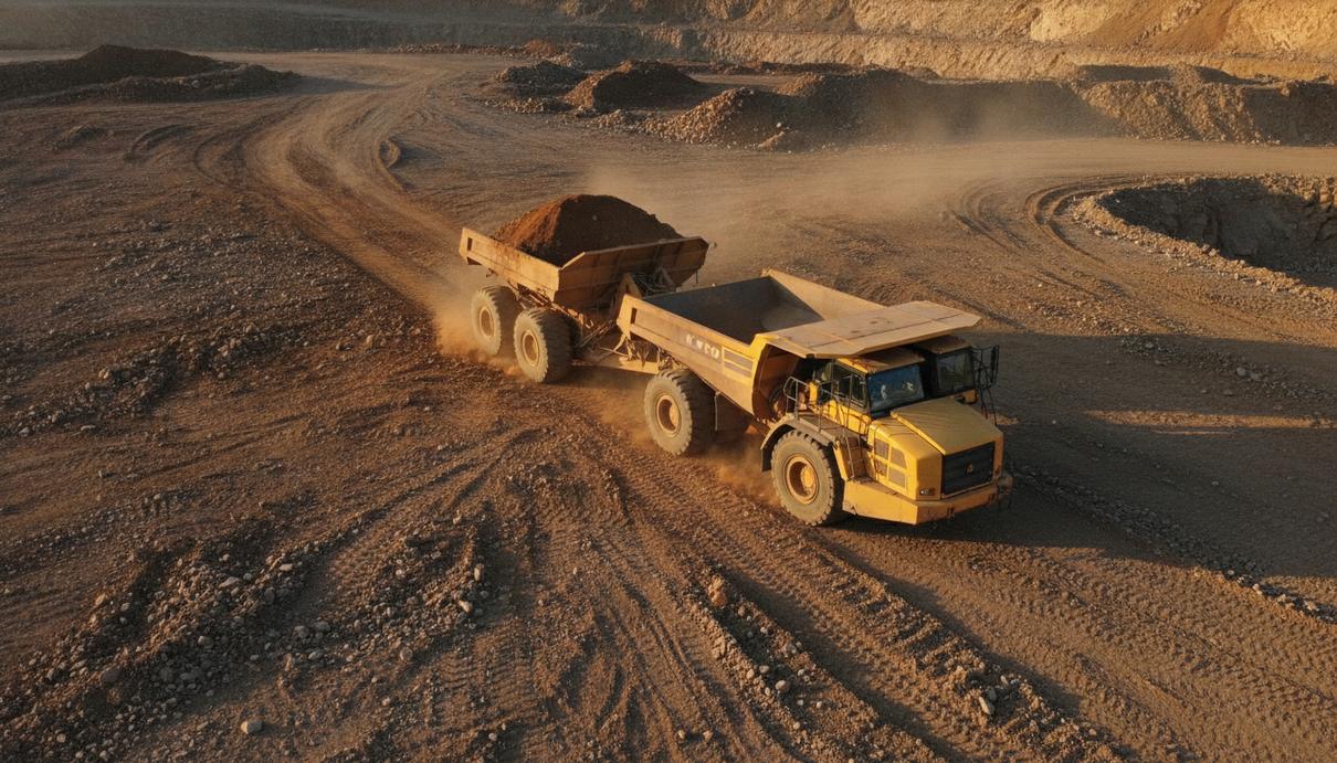 Шарнирно-сочленённый самосвал Komatsu HM460-6 жёлтого цвета с прицепным скрепером K-Tec на земляных работах в карьере.