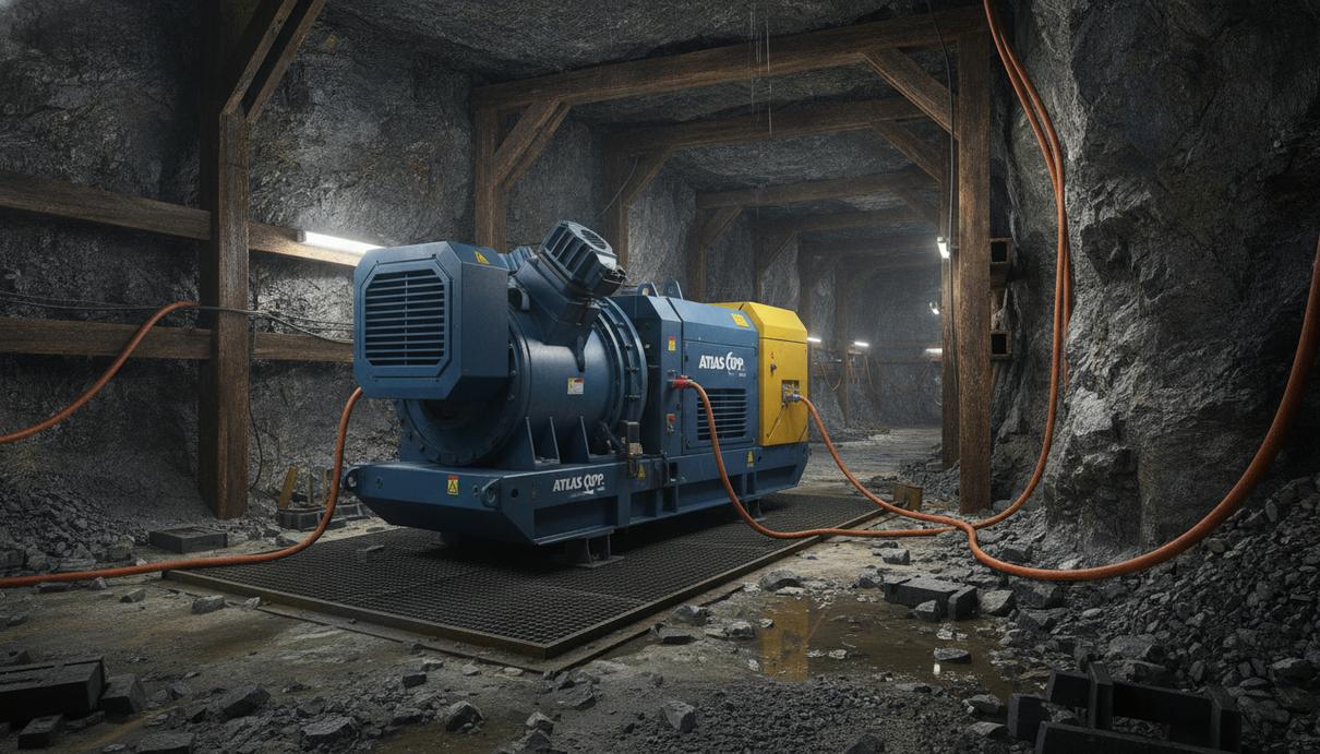 Крупный промышленный электрический компрессор Atlas Copco в туннеле подземного рудника по добыче золота и серебра.