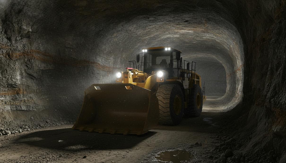 Caterpillar расширит линейку ПДМ 22-тонной моделью R3200 Новый подземный погрузчик Caterpillar R3200 в туннеле шахты, освещает фарами каменную стену.